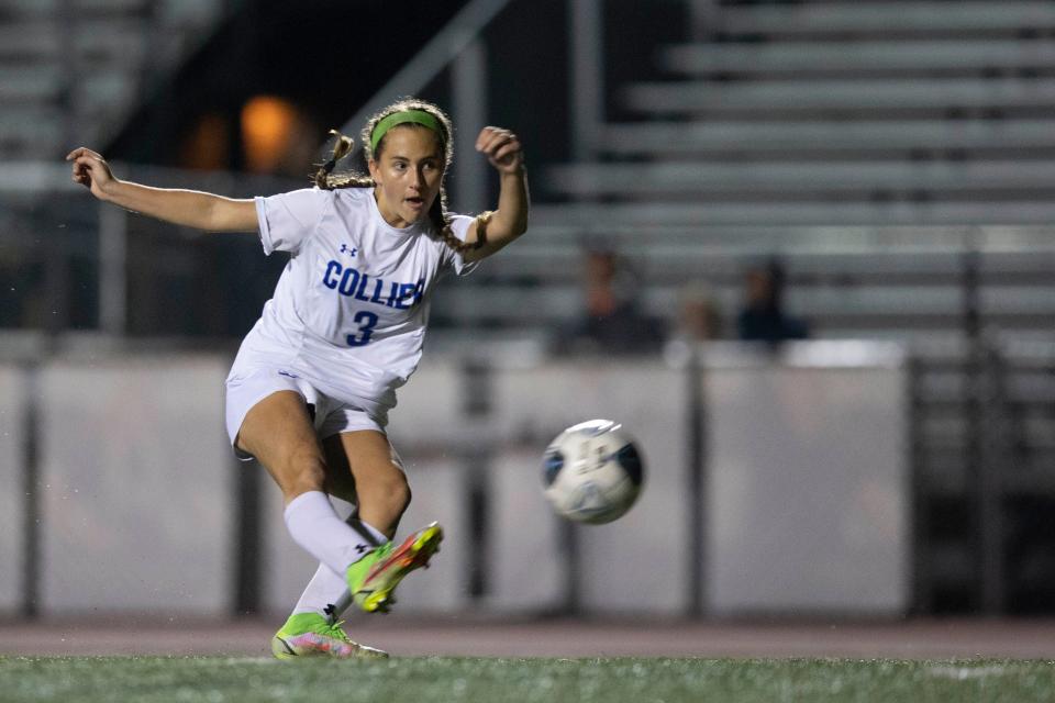 Barron Collier's Edin Abougzir (3) takes a shot during the varsity girls soccer Class 5A-Region 4 quarterfinal match between Barron Collier and Naples, Tuesday, Feb. 8, 2022, at Naples High School in Naples, Fla.Naples defeated Barron Collier 2-1 in extra time. 