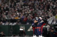 Shohei Ohtani of Japanwaits for a pitch from Blake Townsend of Australia in the 4th inning during their Pool B game at the World Baseball Classic at the Tokyo Dome Sunday, March 12, 2023, in Tokyo. (AP Photo/Eugene Hoshiko)