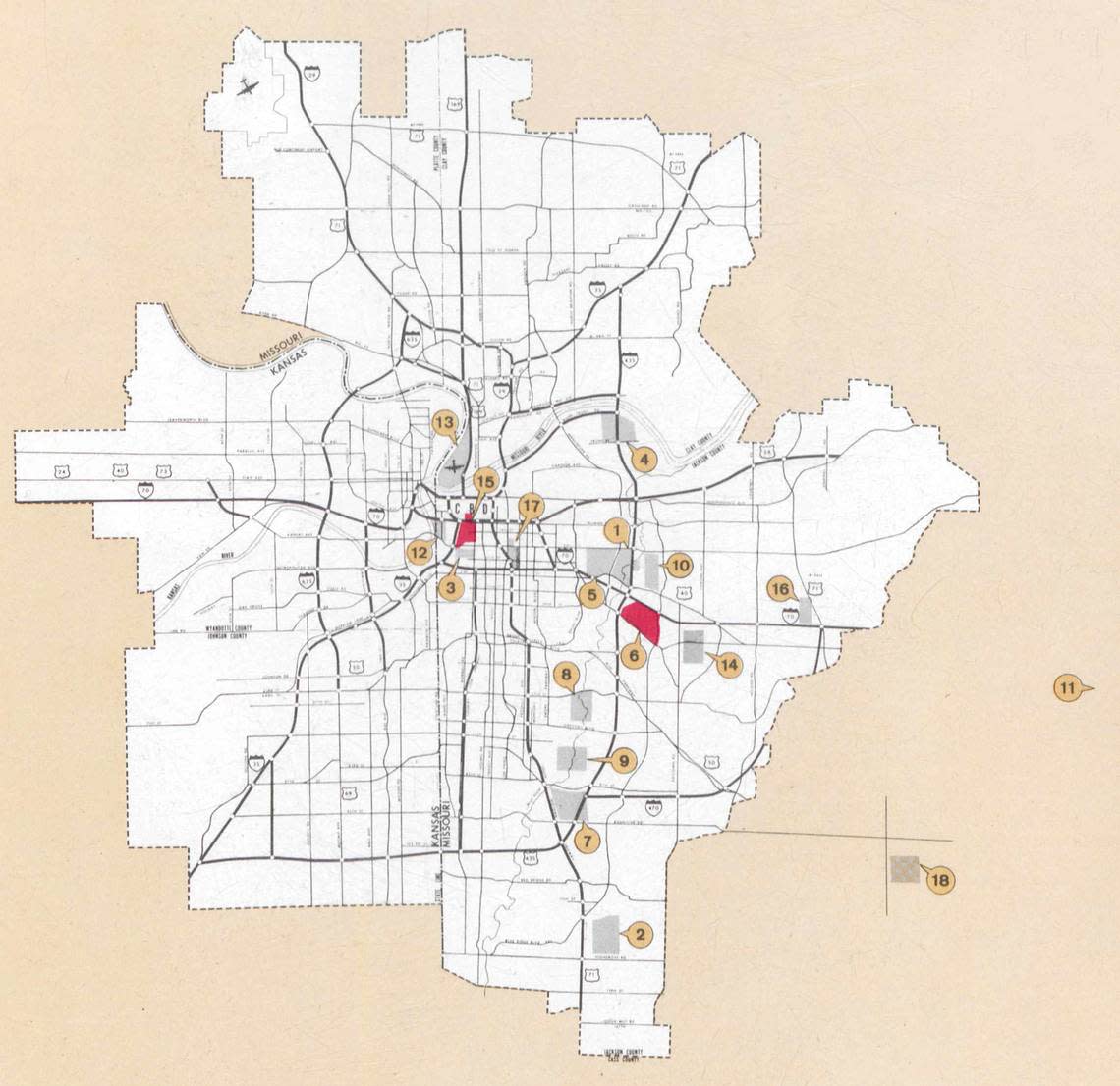 Map showing some of the new stadium sites under consideration by the 1960s.