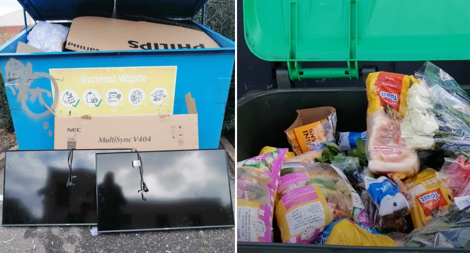 Left image shows the two Smart TVs sitting in front of a large blue dumpster. Right image shows an open bin with food inside including bread and vegetables.