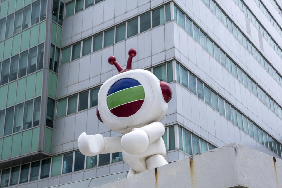 Tvbuddy the mascot of TVB in TVB City in Hong Kong, China on April 20, 2021. Television Broadcasts Limited is a television broadcasting company based in Hong Kong. The company operates five free-to-air terrestrial television channels in Hong Kong (Photo by Vernon Yuen/NurPhoto via Getty Images)