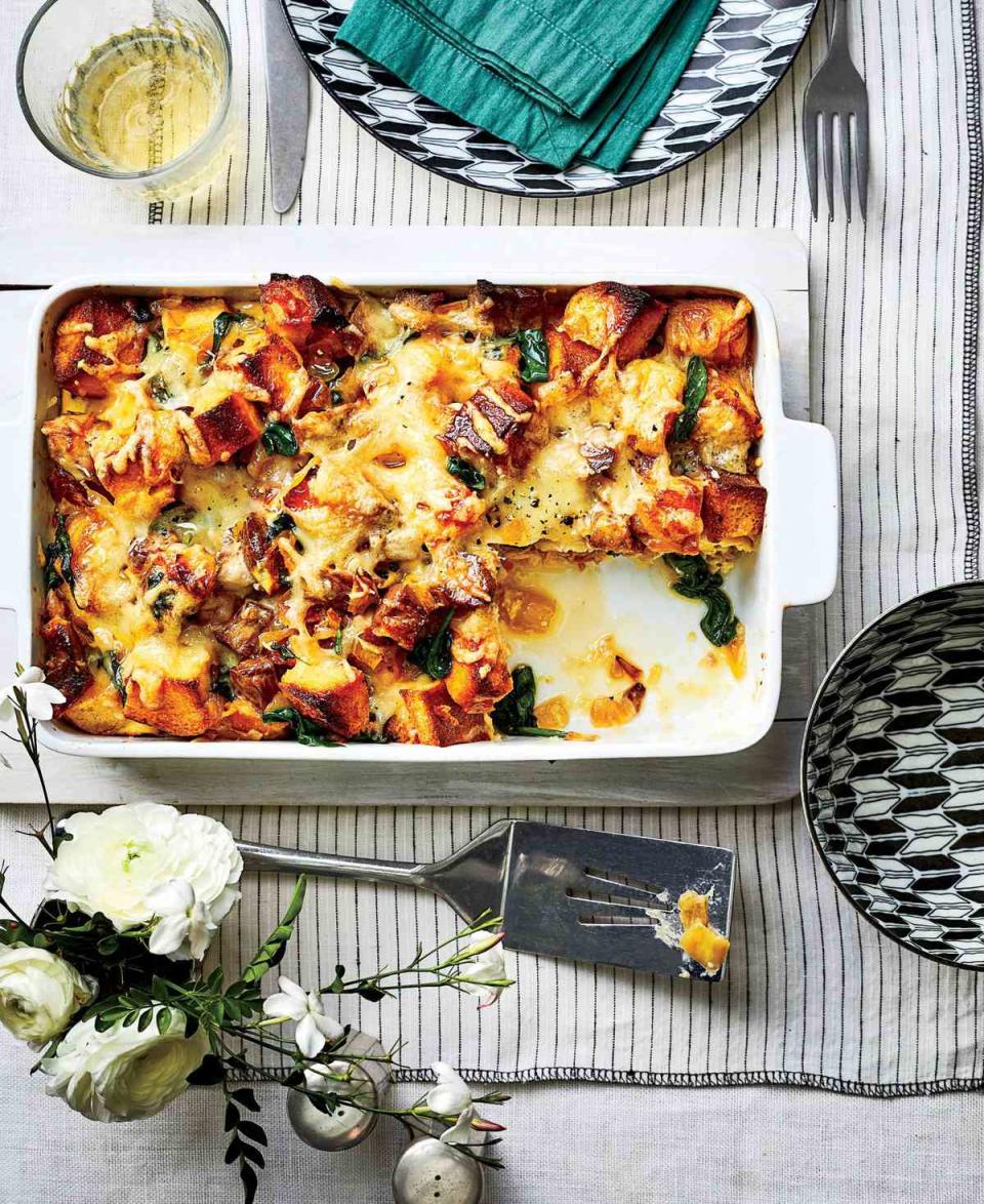 Caramelized Onion, Spinach, and Pork Strata