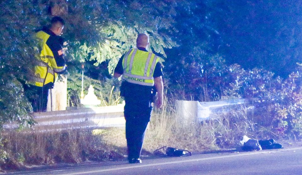 A 56-year-old woman was killed Wednesday evening on Route 28 in West Yarmouth, according to the police. The items on the road in the photo are debris from the crash.