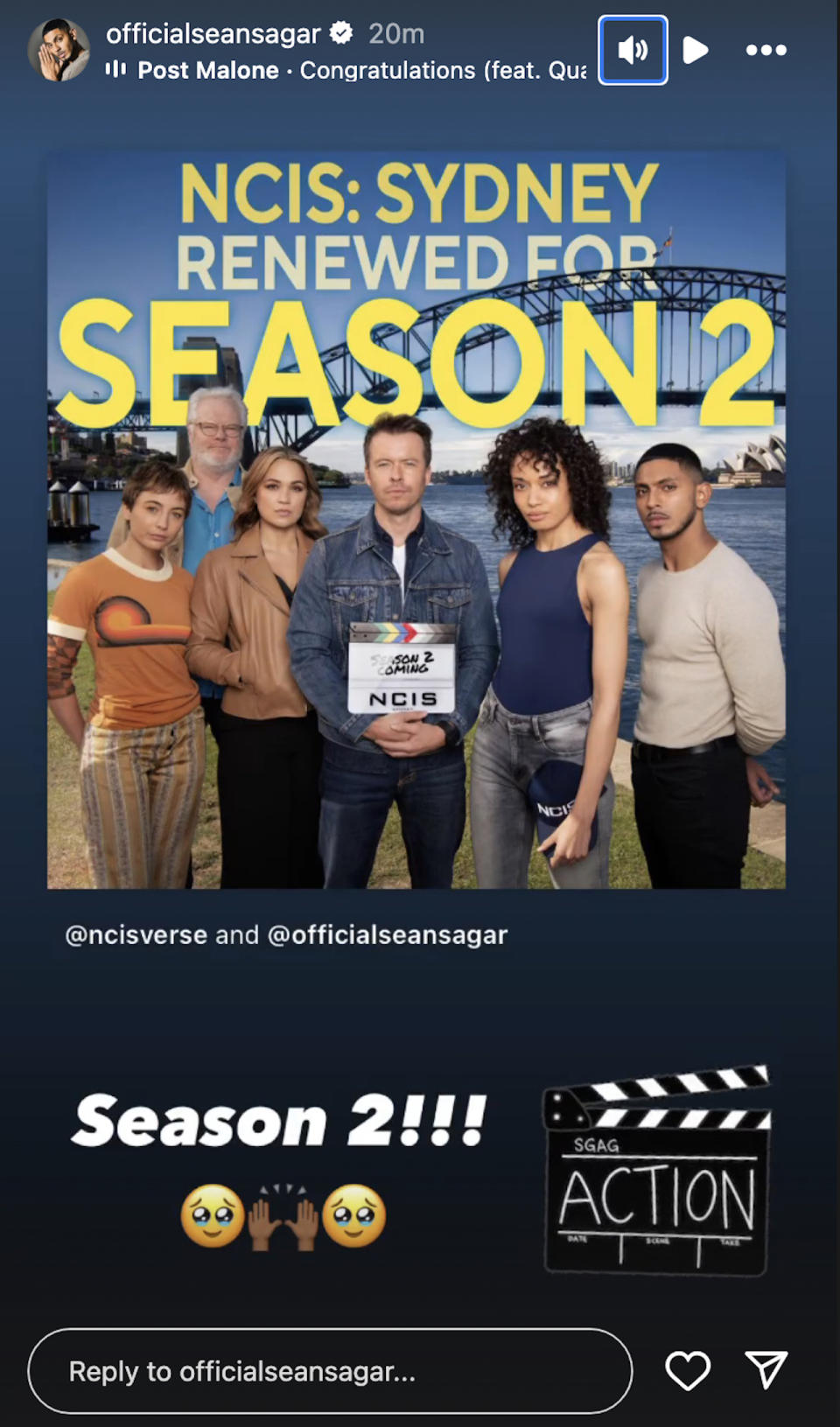 Sean Sagar's Instagram Story of NCIS: Sydney Season 2 renewal