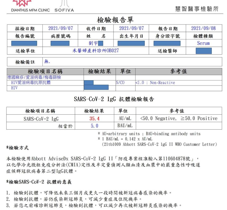 網紅四叉貓在打完高端疫苗後前往禾馨醫院檢驗抗體表現（擷取自劉宇臉書）