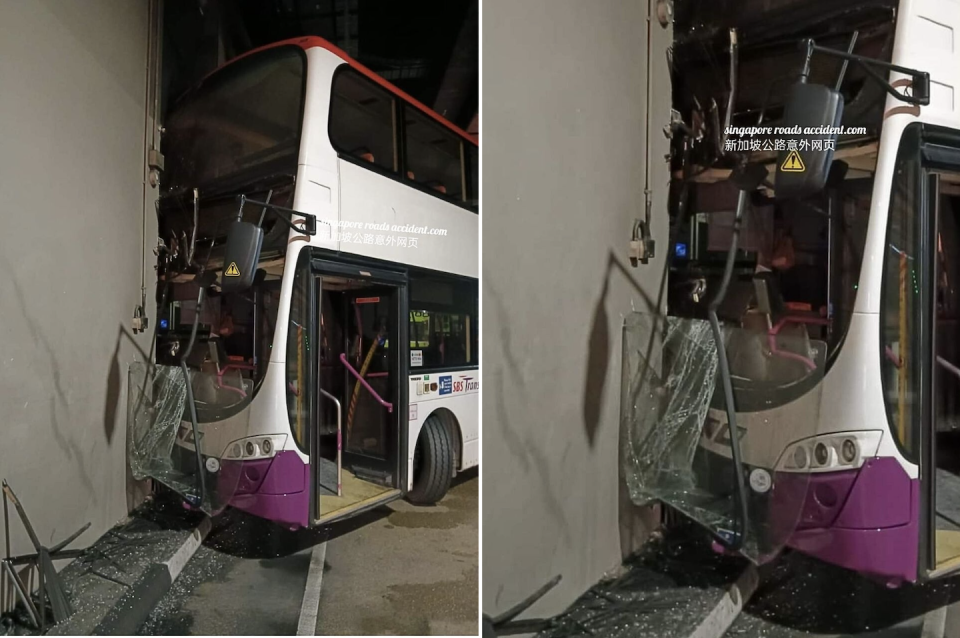 Photos of off-service SBS bus accident at Yishun Bus Interchange on 11 April 2024 (Photos: Facebook/Singapore roads accident.com新加坡公路意外网页)