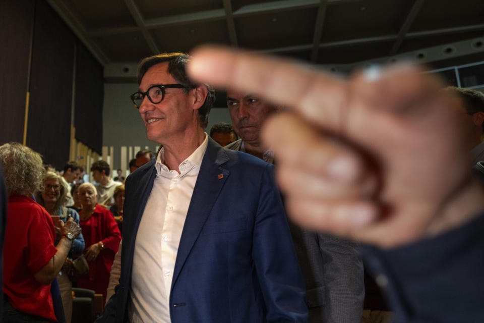 Socialist candidate Salvador Illa arrives for a campaign rally in Villanova i la Gertru, near Barcelona, Spain, Thursday, May 9, 2024. Some nearly 6 million Catalans are called to cast ballots in regional elections on Sunday that will surely have reverberations in Spain's national politics. (AP Photo/Emilio Morenatti)