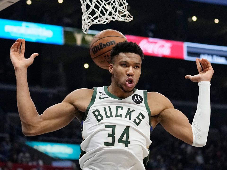 Giannis Antetokounmpo finishes a dunk against the Los Angeles Clippers.