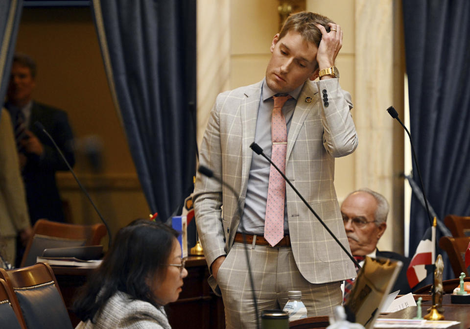 Sen. Nate Blouin, D-Salt Lake City, puts his hand through his hair during discussions in the Senate as Utah's legislature holds a special session to consider an initiative constitutional amendment, at the Capitol in Salt Lake City on Wednesday, Aug. 21, 2024. (The Deseret News via AP)