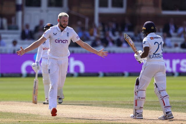 England’s Gus Atkinson celebrates after dismissing Sri Lanka’s Kamindu Mendis during day four of the second Test match at Lord’s