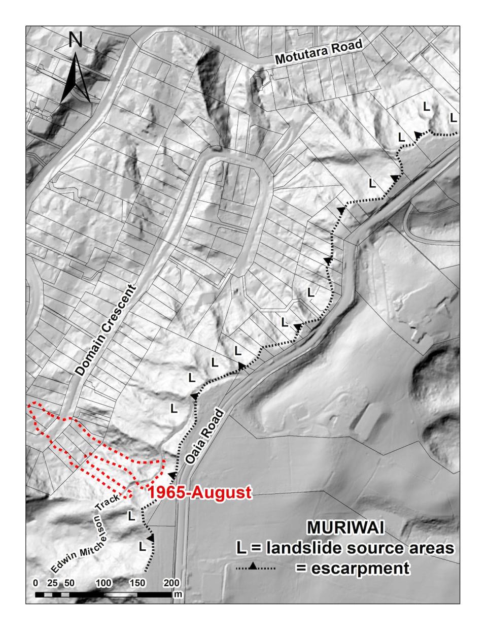 This digital elevation model shows former landslides, roads and properties in Muriwai. Author provided