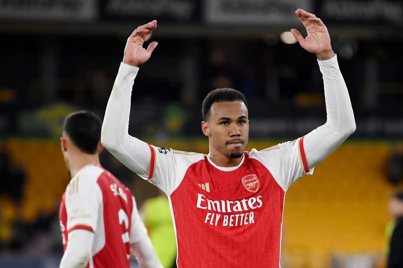 Gabriel of Arsenal celebrates after the team's victory in the Premier League match between Wolverhampton Wanderers and Arsenal FC at Molineux on April 20, 2024 in Wolverhampton, England.