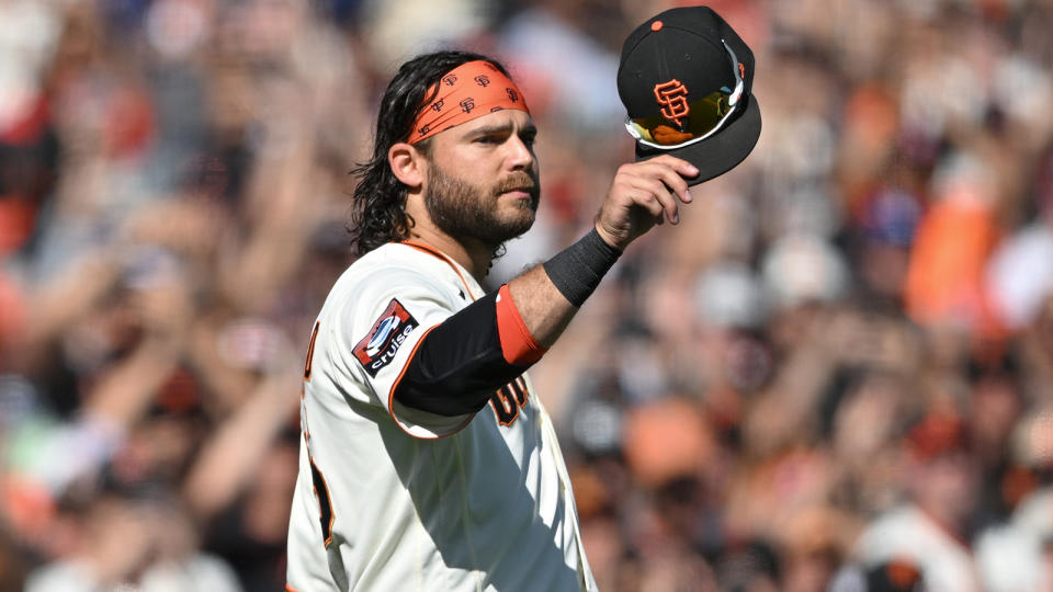 Brandon Crawford #35 of the San Francisco Giants acknowledges the crowd after he was taken off the field during the ninth inning at Oracle Park on October 1, 2023 in San Francisco, California. (Photo by Brandon Vallance/Getty Images)