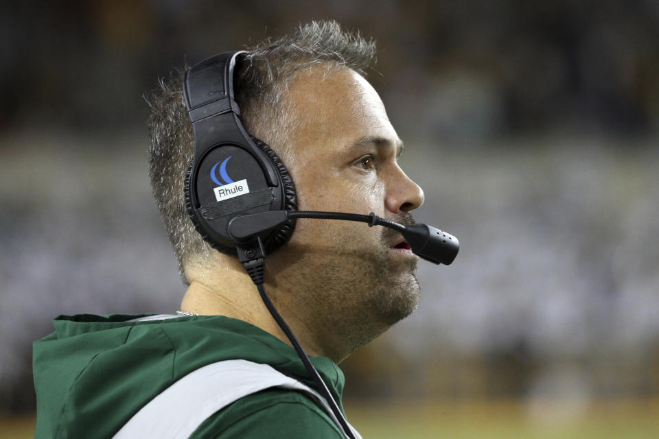 Baylor head coach Matt Rhule watches from the sideline in an NCAA college football game against Texas Saturday, Nov. 23, 2019, in Waco, Texas. (AP Photo/Richard W. Rodriguez)