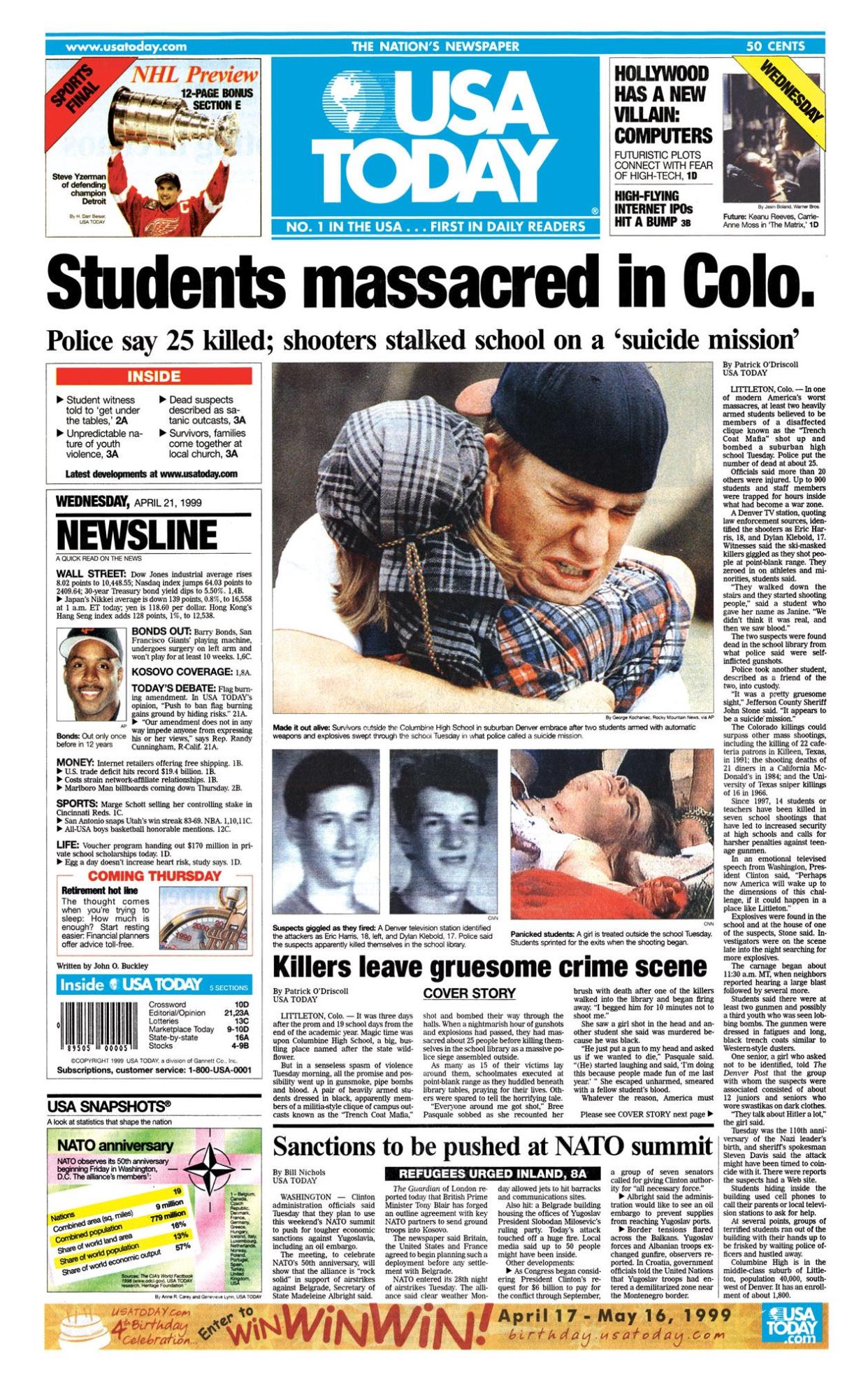 USA TODAY front page from April 21, 1999 detailing the massacre at Columbine High School. Early reports put the death toll higher, but 12 students and a teacher were killed that day.