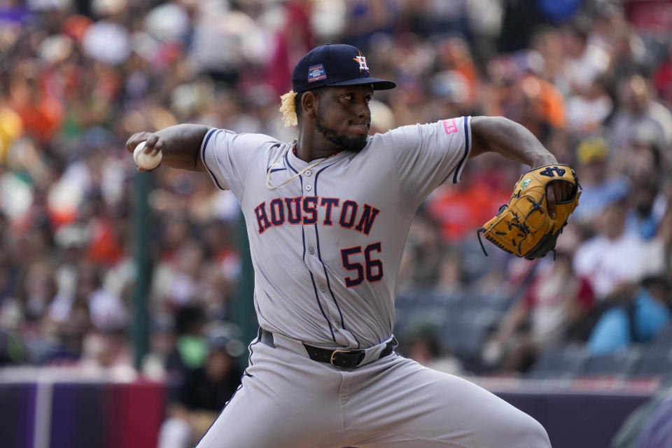 Houston Astros pitcher Ronel Blanco throws against the Colorado Rockies during the first inning of a baseball game at the Alfredo Harp Helu stadium in Mexico City, Saturday, April 27, 2024. (AP Photo/Fernando Llano)