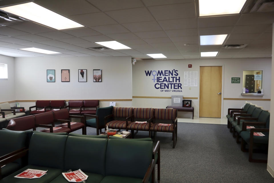 FILE - The waiting room of the Women's Health Center of West Virginia in Charleston, W.Va., sits empty on June 29, 2022. A new abortion provider, the Women’s Health Center of Maryland, is opening this year in the Democratic-controlled state — just across from deeply conservative West Virginia, where state lawmakers recently passed a near-total abortion ban. (AP Photo/Leah Willingham, File)