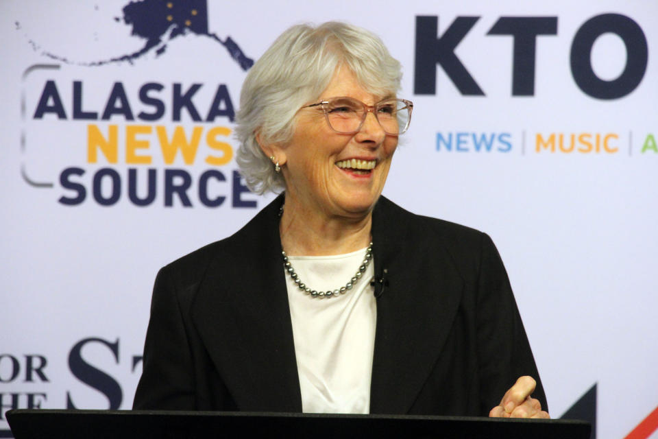 Pat Chesbro, a Democrat, looks on Thursday, Oct. 27, 2022, prior to a U.S. Senate debate in Anchorage, Alaska. She faces U.S. Sen. Lisa Murkowski and Kelly Tshibaka, both Republicans, in the general election. (AP Photo/Mark Thiessen)