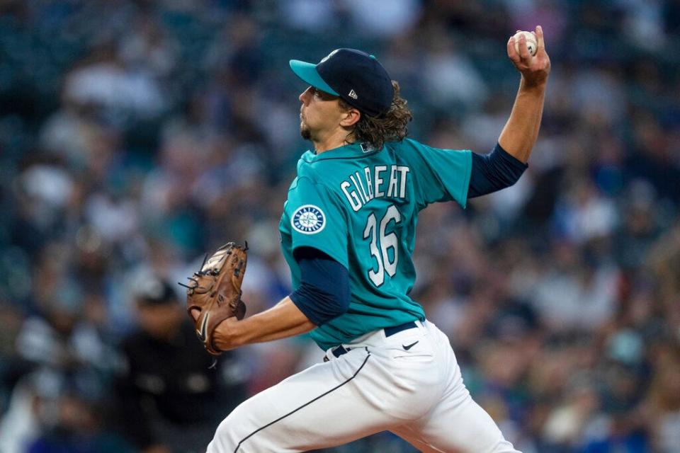 Seattle Mariners starter Logan Gilbert delivers a pitch during the first inning of the team's baseball game against the Oakland Athletics, Friday, Sept. 30, 2022, in Seattle. (AP Photo/Stephen Brashear)