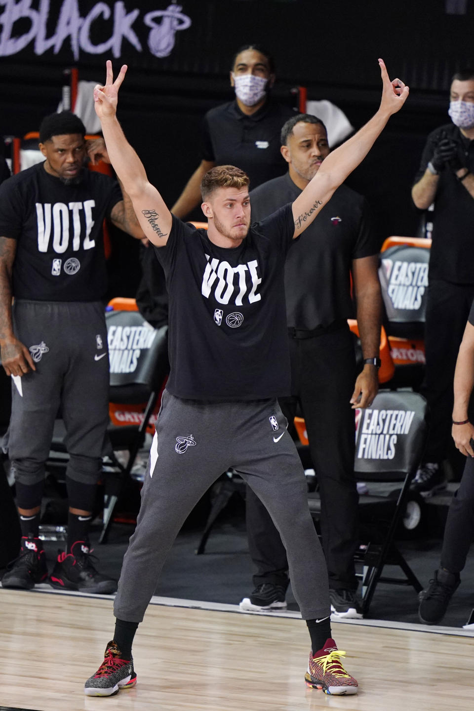 Miami Heat's Meyers Leonard celebrates his teams basket during the second half of an NBA conference final playoff basketball game Sunday, Sept. 27, 2020, in Lake Buena Vista, Fla. (AP Photo/Mark J. Terrill)