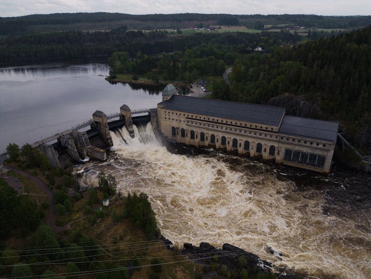 Aerial shot of the Solbergfoss hydroelectric power station.