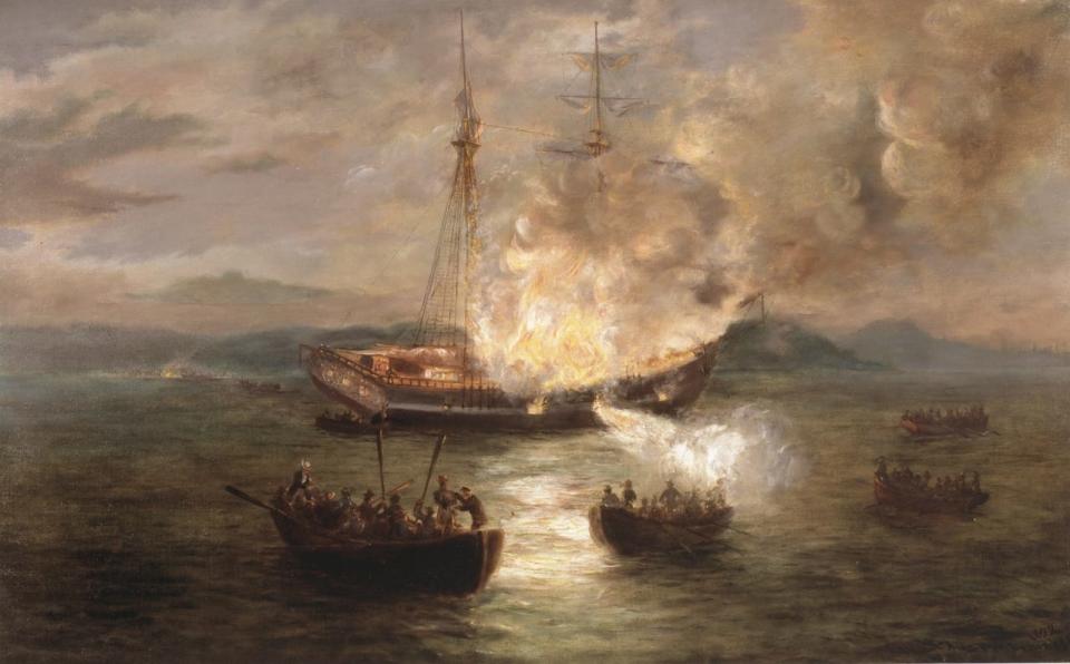 "Burning of the Gaspee," an 1892 painting by Charles DeWolf Brownell. The British customs schooner was set ablaze in the waters off Warwick.