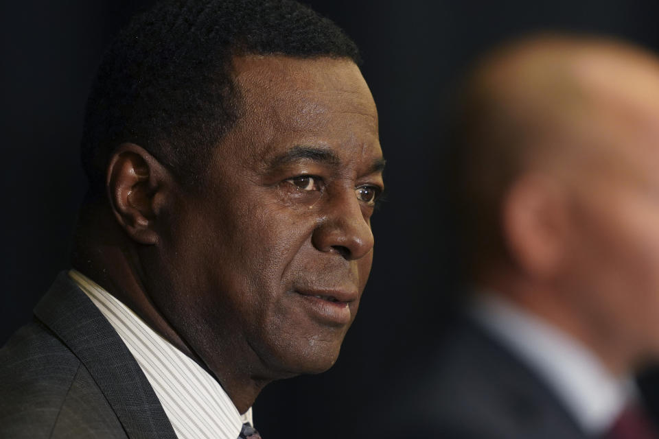 Dwight Hicks addresses the media during a news conference, Wednesday, Aug. 12, 2020, in Novi, Mich. Hicks, is one of several Black former University of Michigan student-athletes who claim they were abused by a sports doctor who worked there for decades. Attorneys are asking the university to treat them fairly as it settles hundreds of lawsuits expected to cost the school millions of dollars. (AP Photo/Carlos Osorio)