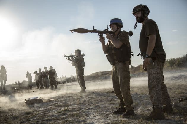 Soldiers from 57th Brigade of Ukrainian Army shoot an shoulder-grenade-launcher (RPG) during the military training.