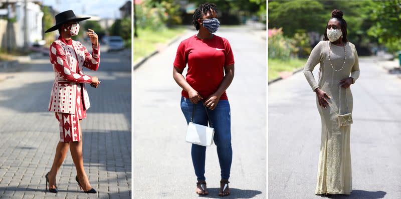 A combination of photos shows women posing for pictures with face masks on in Lagos