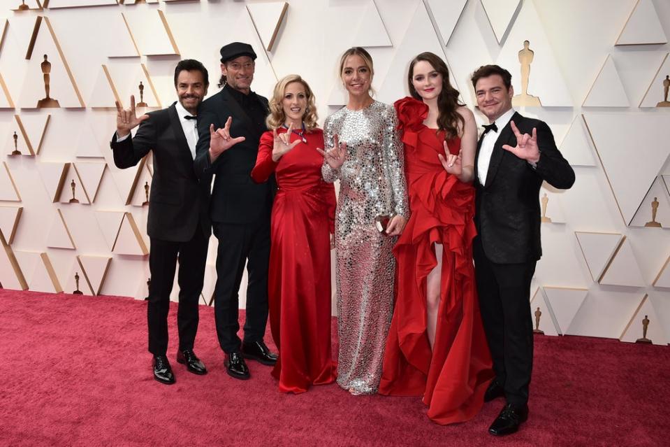 Troy Kotsur (second left) with co- stars Eugenio Derbez, Marlee Matlin, Sian Heder, Amy Forsyth, and Daniel Durant (Jordan Strauss/Invision/AP) (AP)