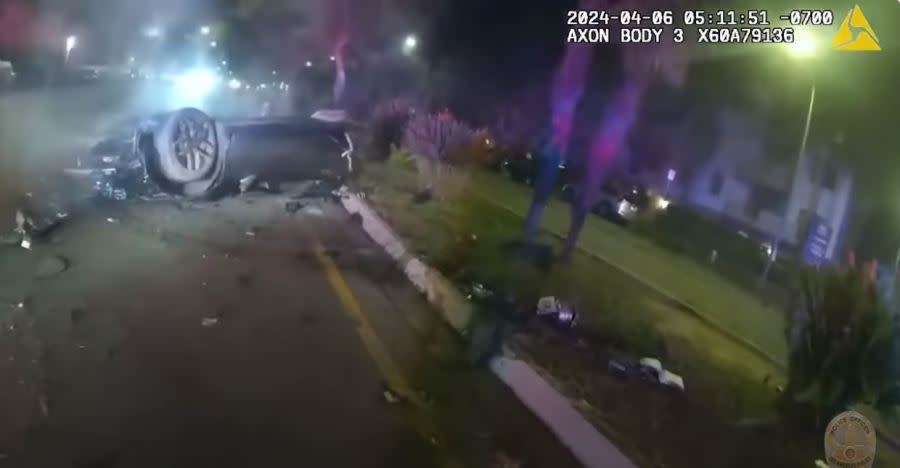 The suspect crashes into a center median at speeds of over 100 miles per hour, slipping the car in half and killing the driver on impact on April 6, 2024. (Los Angeles Police Department)