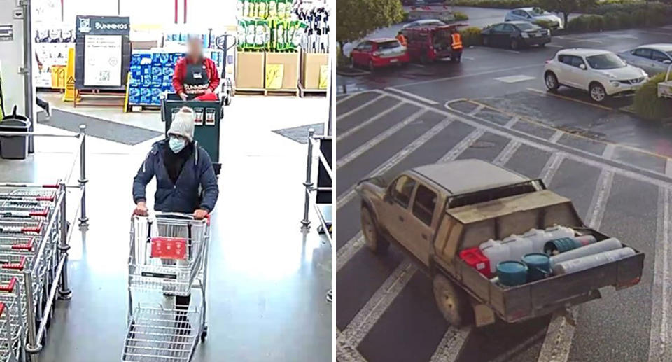 A photo of Tom Phillips disguised in Bunnings in Hamilton, NZ. A photo of a stolen Toyota Hilux flat-deck ute driven by Tom.