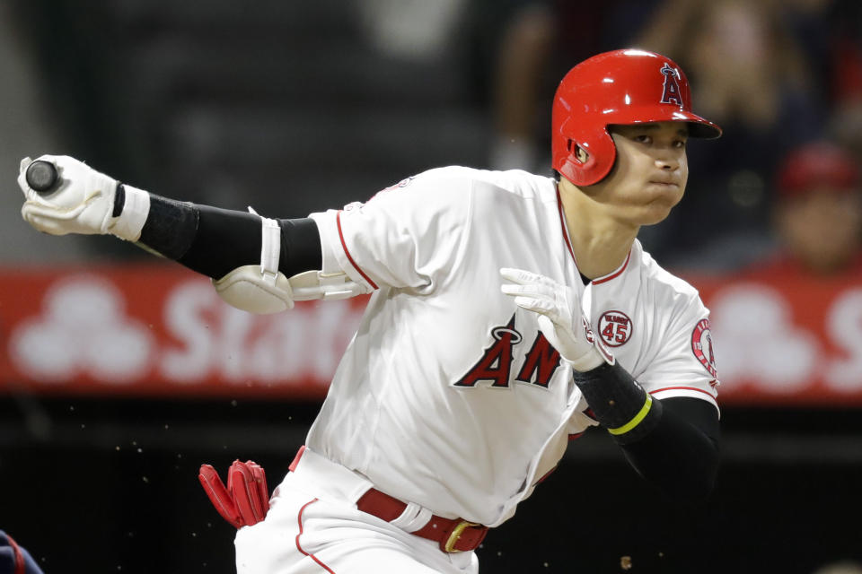 Los Angeles Angels' Shohei Ohtani, of Japan, watches a foul ball during the third inning of a baseball game against the Cleveland Indians in Anaheim, Calif., Monday, Sept. 9, 2019. (AP Photo/Chris Carlson)