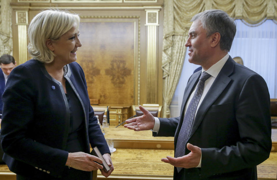 French far-right presidential candidate Marine Le Pen, left, chats with Vyacheslav Volodin in the Lower House of the Russian Parliament in Moscow, Russia, Friday, March 24, 2017. Le Pen has made multiple visits to Russia, as have her father, niece and other members of the National Front, often meeting with Russian legislators. (Anna Isakova /Photo service of the State Duma Pool Photo via AP)