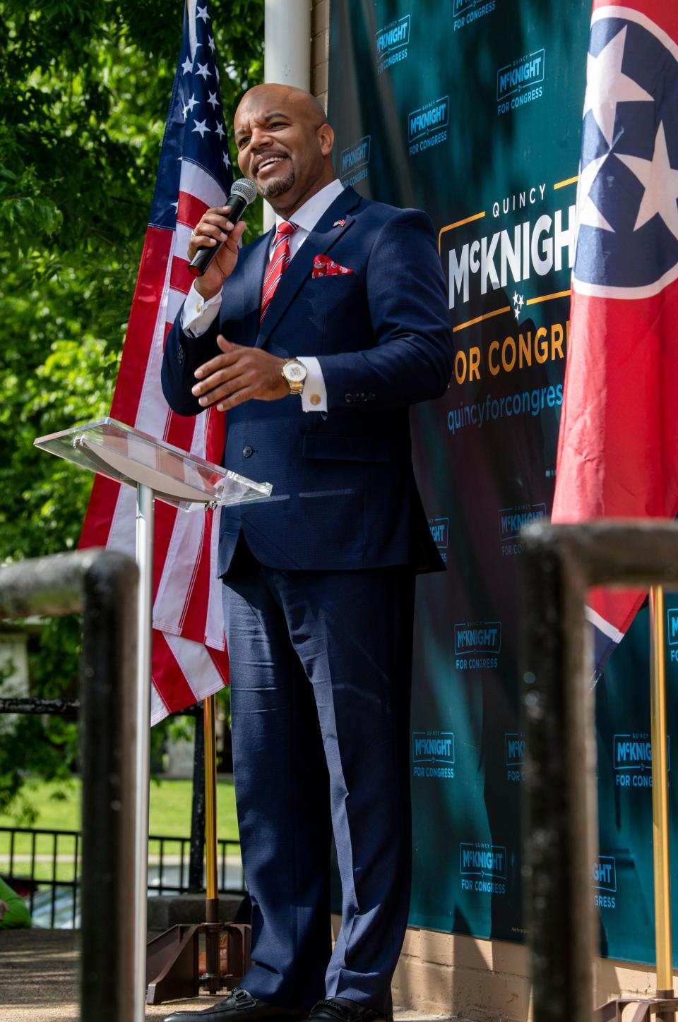 Nashville businessman Quincy McKnight announces his plans to run as a Republican for the 5th U.S. Congressional seat during a campaign event at The Fable on Thursday, May 13, 2021, in Nashville, Tenn.