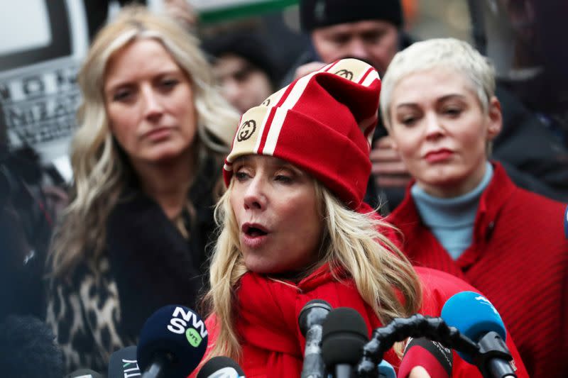 Rosanna Arquette speaks on the first day of film producer Harvey Weinstein's sexual assault trial in New York City