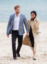 <p>For the third day of the tour, Meghan and Harry travelled to South Melbourne beach where they joined volunteers and school children from the local BeachPatrol group. The Duchess wore a Martin Grant trench coat with a Club Monaco A-line dress beneath. She wore a pair of navy flats by Rothy’s to walk across the sand. <em>[Photo: Getty]</em> </p>