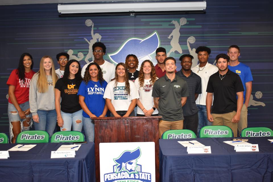 Sixteen Pensacola State College student-athletes signed national letters of intent, committing to play and study at colleges and universities that range from Division 1 programs to NAIA schools on Friday, April 29, 2022.