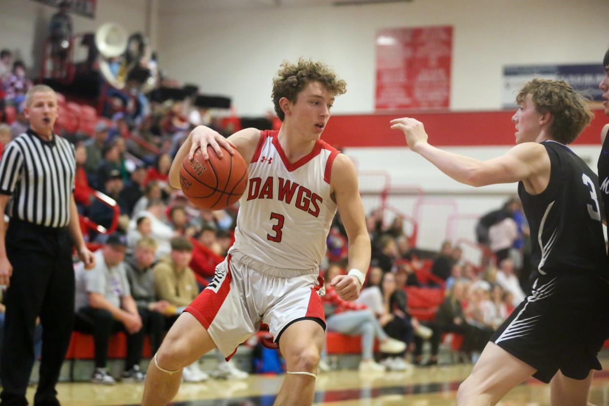 Rossville’s Jack Donovan dribbles the ball against Rock Creek on Thursday, Feb. 1. Rock Creek came away with the 51-47 victory.