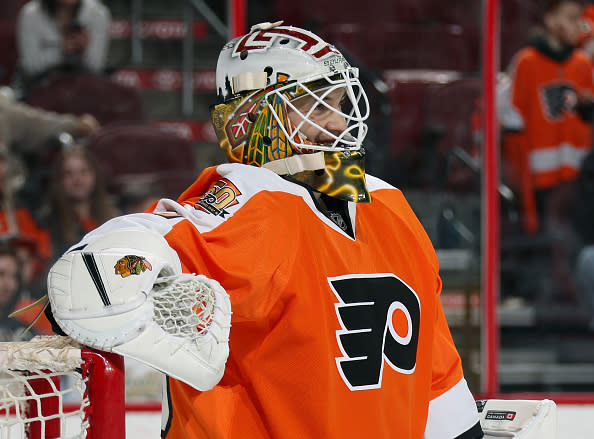 PHILADELPHIA, PA - APRIL 01: Emergency backup goaltender Eric Semborski of the Philadelphia Flyers, wearing #49, looks on during a stoppage in play late in the third period against of the New Jersey Devils on April 1, 2017 at the Wells Fargo Center in Philadelphia, Pennsylvania. The Flyers went on to defeat the Devils 3-0. (Photo by Len Redkoles/NHLI via Getty Images)