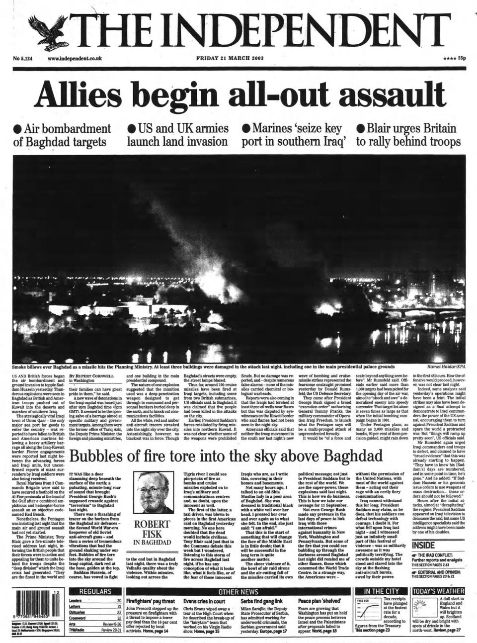 The Independent front page on 21 March 2003 (The Independent)