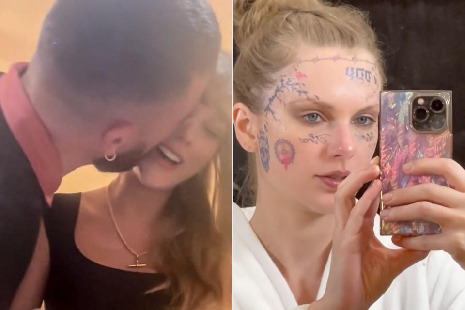 <p>Taylor Swift/ Youtube</p> Travis Kelce kisses Taylor Swift and behind-the-scenes make-up from "Fortnight"