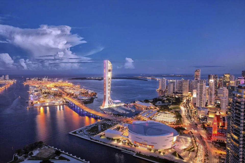 The SkyRise Miami tower is pictured in this artist's rendering courtesy of Berkowitz Development Group, Inc., received by Reuters on November 21, 2013. Jeff Berkowitz plans to raise $300 million to $400 million, partly from Chinese investors, to build the curvaceous 1,000-foot (305-meter) tall SkyRise Miami tower on the water that would feature fine dining, as well as a bungee jump platform, and a vertical "drop ride" that would send thrill-seekers plummeting 50 stories. REUTERS/Berkowitz Development Group, Inc./Handout via Reuters (UNITED STATES - Tags: REAL ESTATE BUSINESS CITYSCAPE) ATTENTION EDITORS - THIS IMAGE HAS BEEN SUPPLIED BY A THIRD PARTY. IT IS DISTRIBUTED, EXACTLY AS RECEIVED BY REUTERS, AS A SERVICE TO CLIENTS. NO SALES. NO ARCHIVES. FOR EDITORIAL USE ONLY. NOT FOR SALE FOR MARKETING OR ADVERTISING CAMPAIGNS