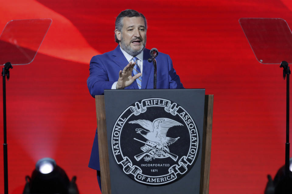 Sen. Ted Cruz, R-Texas, speaks during the Leadership Forum at the National Rifle Association Annual Meeting held at the George R. Brown Convention Center Friday, May 27, 2022, in Houston. (AP Photo/Michael Wyke)