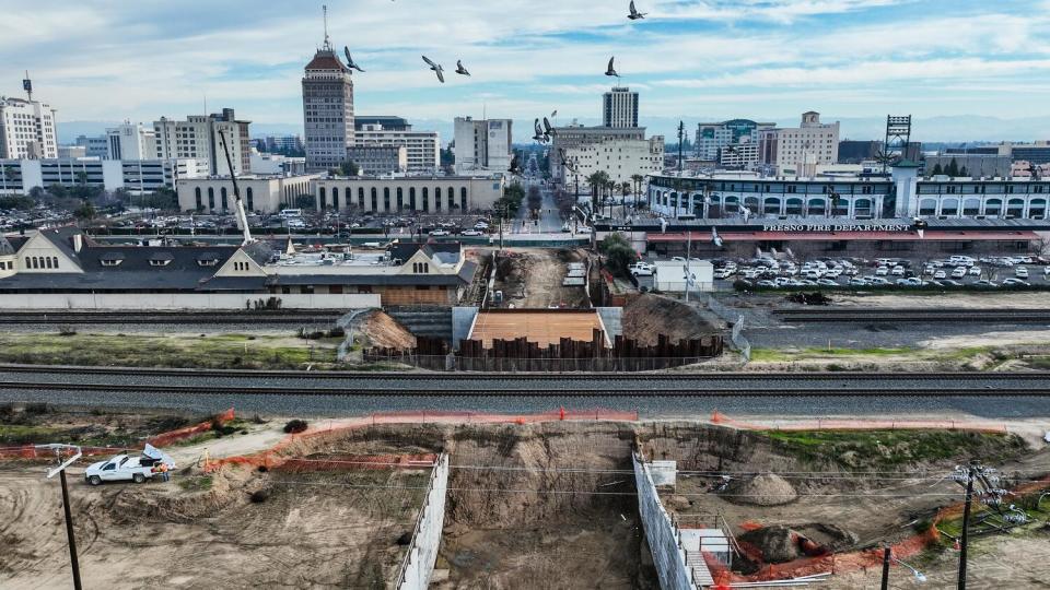 An aerial view of high-speed rail construction in Fresno.