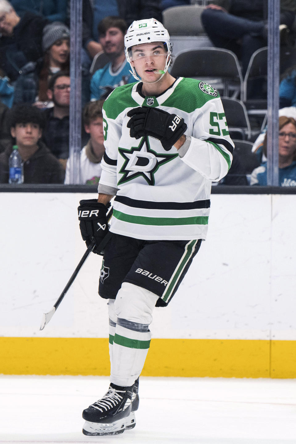 Dallas Stars center Wyatt Johnston skates after his goal against the San Jose Sharks during the second period of an NHL hockey game Tuesday, March 5, 2024, in San Jose, Calif. (AP Photo/Nic Coury)