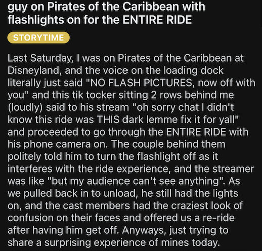 Summary text: Individual held a flashlight to their face on the "Pirates of the Caribbean" ride, causing confusion among other riders. Disneyland cast accommodated their request for a re-ride after explaining visible discomfort