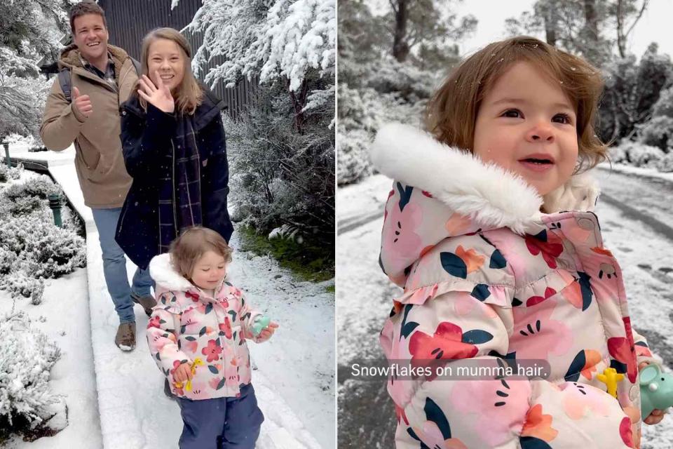 <p>Bindi Irwin/Instagram</p> Bindi Irwin, daughter Grace and husband Chandler Powell enjoy a snow day together in Tasmania.