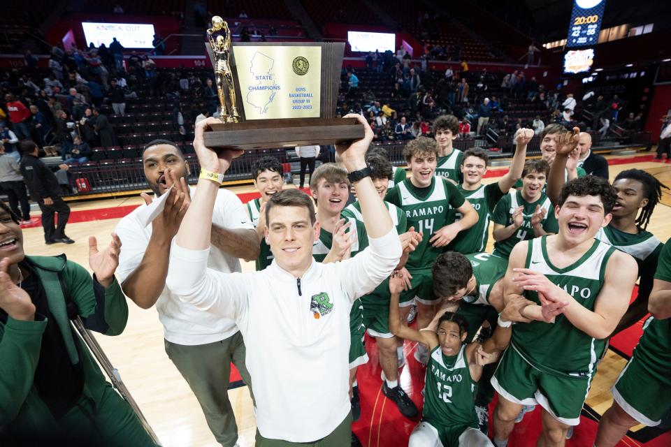 Ramapo vs. Nottingham in the NJSIAA Group 3 boys basketball final at Rutgers Athletic Center in Piscataway on Saturday, March 4, 2023. Ramapo celebrates after defeating Nottingham.