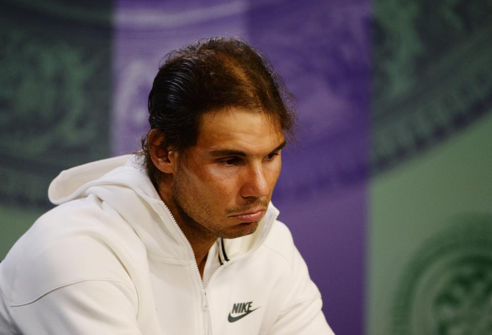 LONDON, ENGLAND - JULY 02:  Rafael Nadal of Spain attends a press conference during day four of the Wimbledon Lawn Tennis Championships at the All England Lawn Tennis and Croquet Club on July 2, 2015 in London, England. (Photo by Roger Allen - Pool/AELTC/Getty Images)